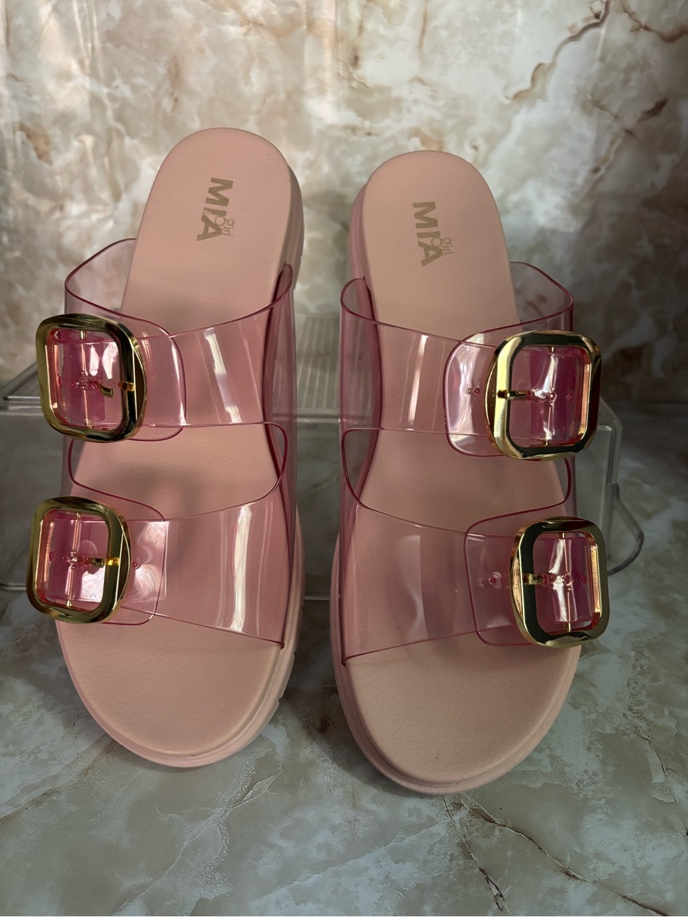 MIA Pink Clear Slide Sandals with Gold Buckles - Picture 2 of 3